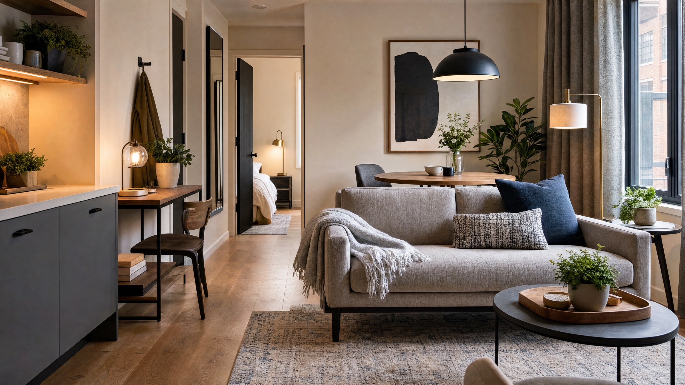 Modern urban apartment interior with compact work nook, kitchenette edge, sofa, plants, and soft city-window light.