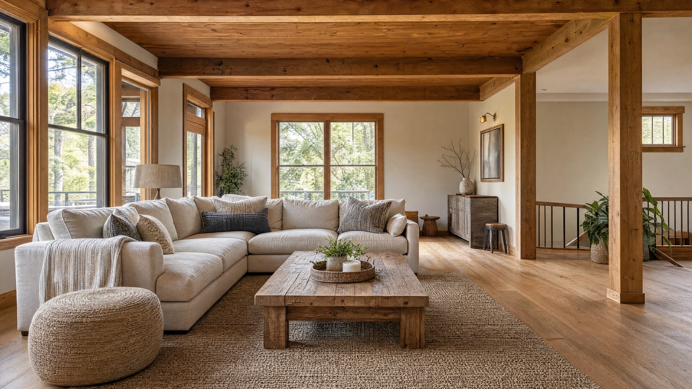 Warm vacation-home living room with wood beams, large sectional sofa, natural rug, and tall windows overlooking trees.